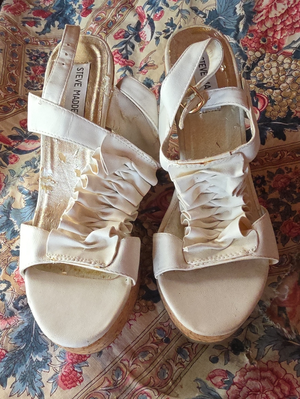Steve Madden Cream Ruched Slingback Wedge Sandals Sz 9 5 In Platform